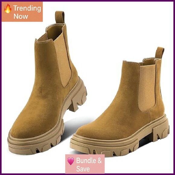 Women's Chunky Heel Chelsea Boots Platform Lug Sole Slip On Ankle Booties - Picture 5 of 8